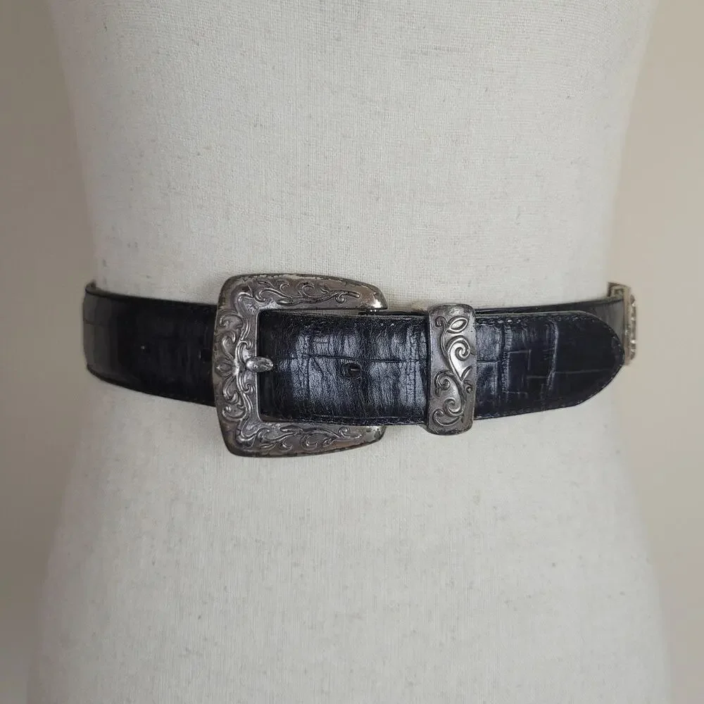 Fossil Belt Womens Med Black Leather Western Engraved Cowgirl Boho Rodeo Patina
